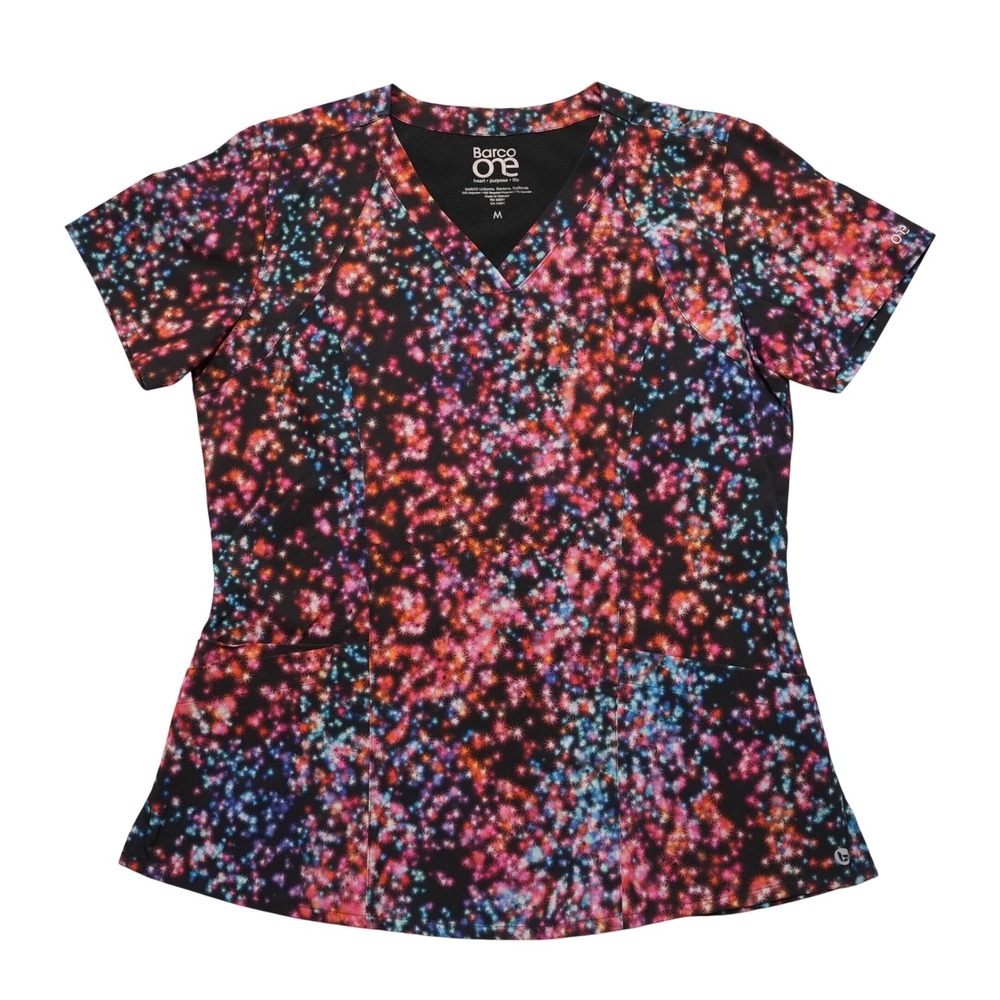 Barco One Scrub Top Womens Medium Galaxy Starburst Print V-Neck Short Sleeve